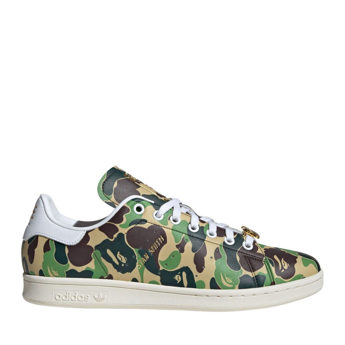 adidas Originals Bape Stan Smith sneakers showing white leather footwear with Bape camouflage accents and classic Stan Smith design