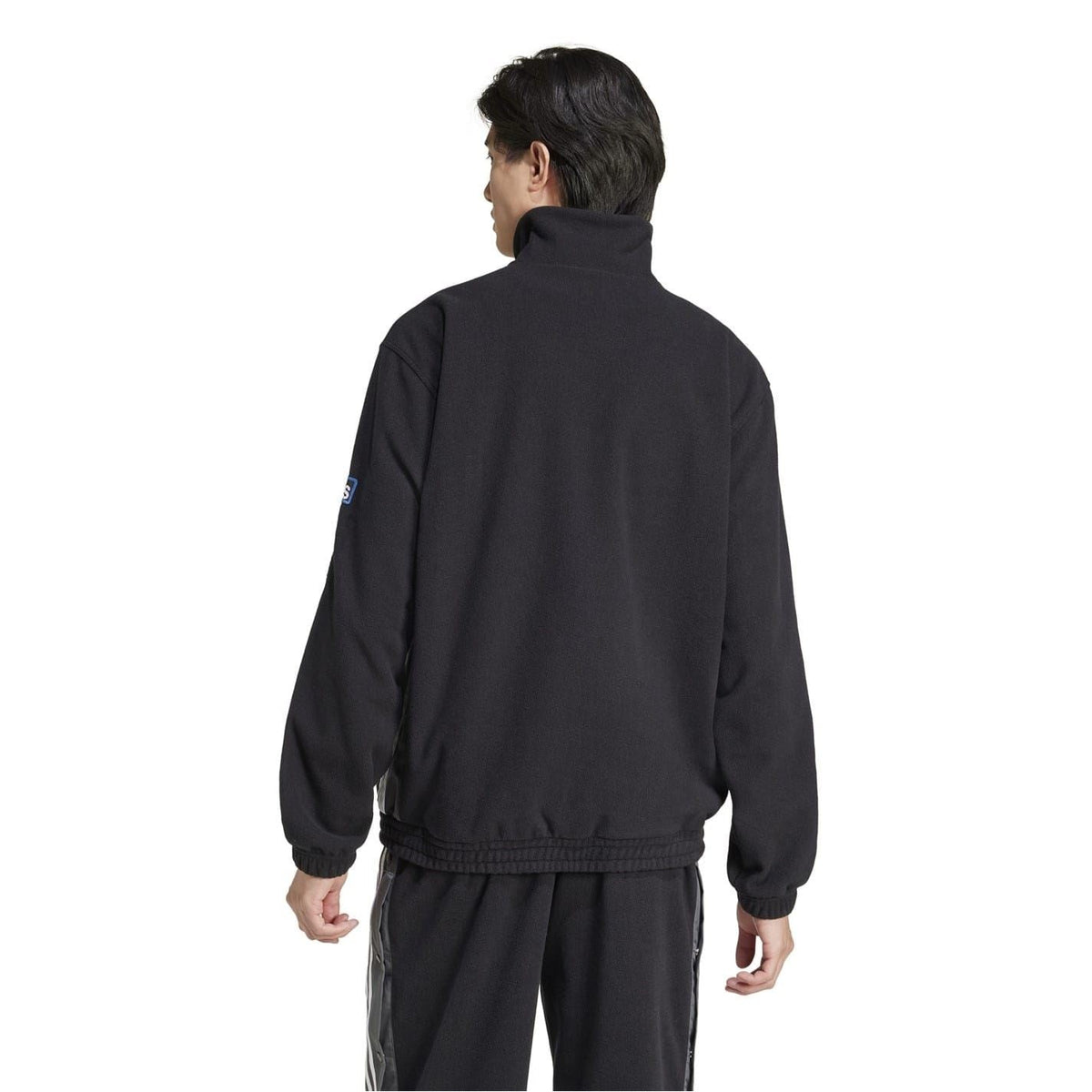 Black funnel-neck zip-up sweatshirt with ribbed hem and high collar
