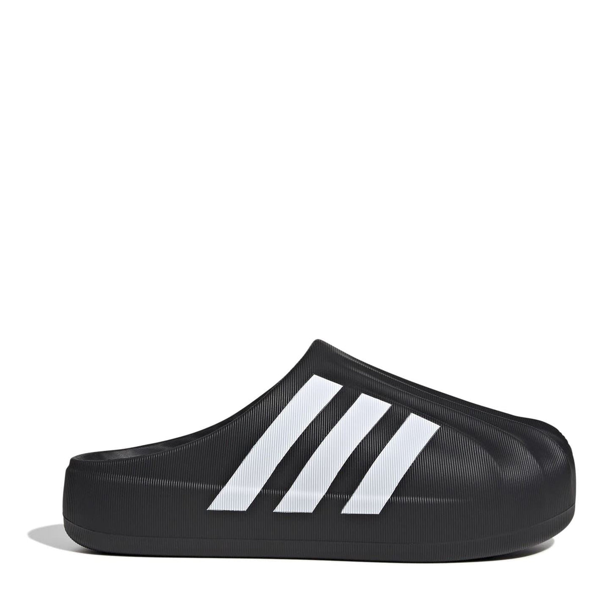 Black adidas slide slippers with three white stripes on the upper.