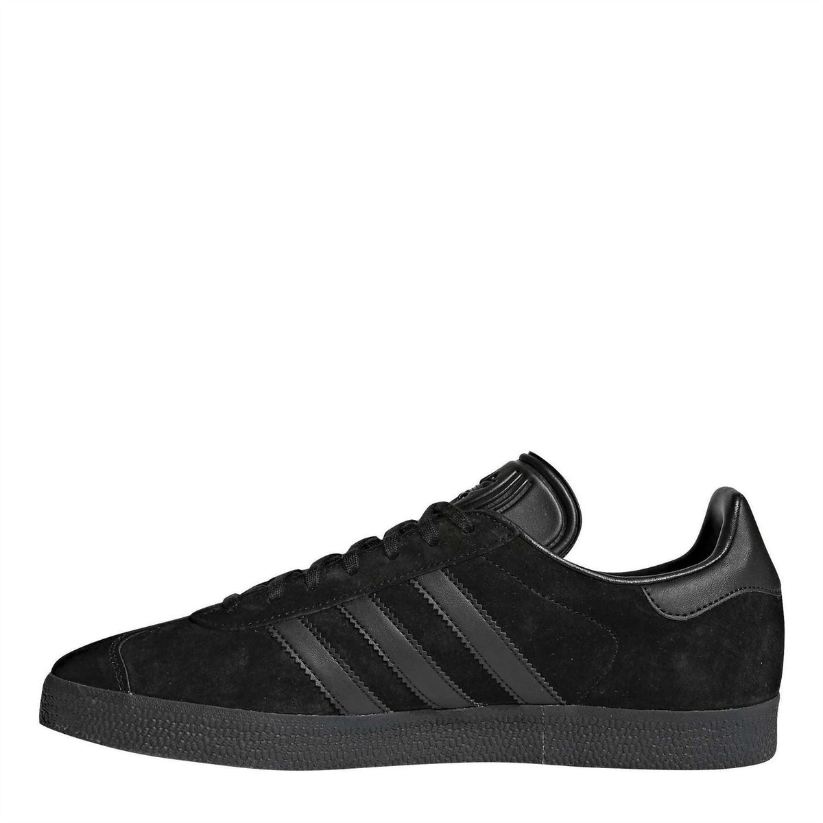 Black suede low-profile sneakers with three stripe detailing and lace-up front.