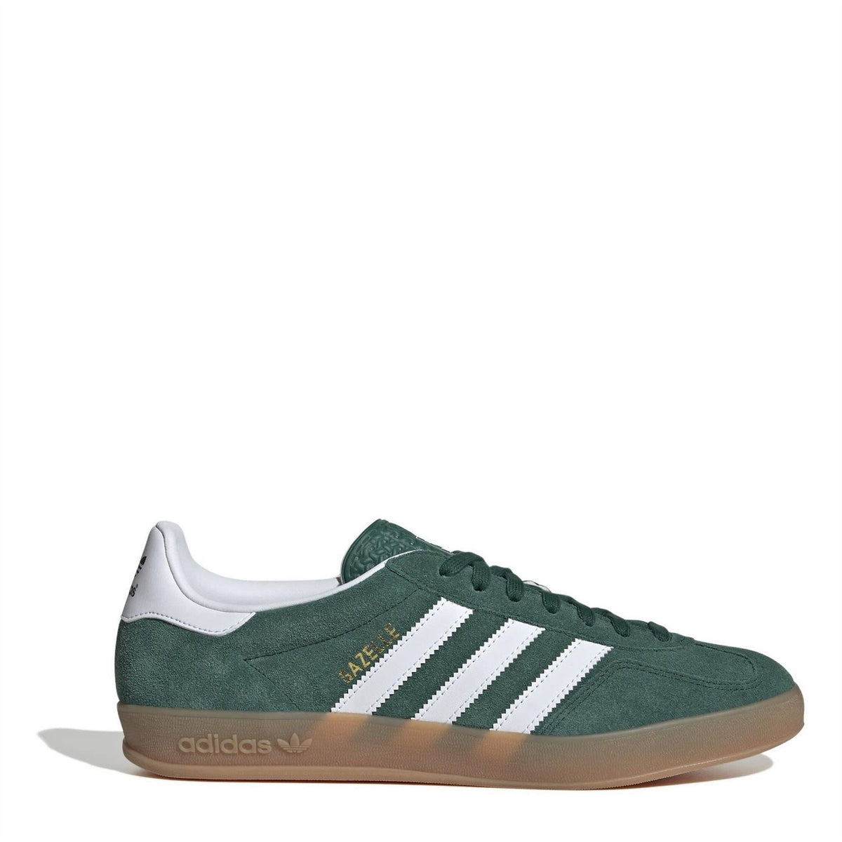 Green suede adidas Gazelle sneakers with three white stripes and gum sole