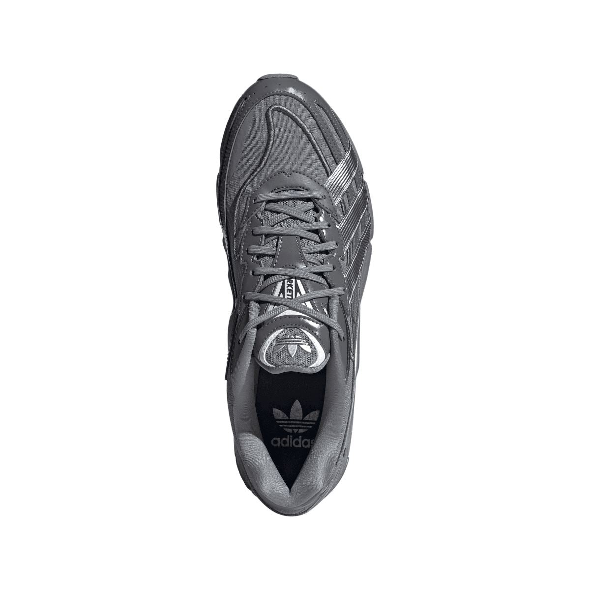 Grey adidas lace-up sneaker top view with striped panels and padded collar