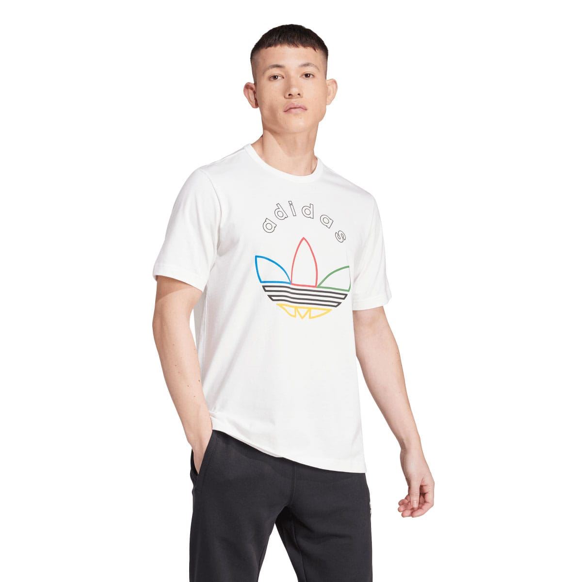 White adidas Originals graphic T-shirt with multicolor trefoil logo on chest