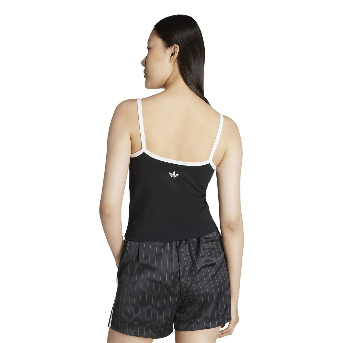 Black spaghetti-strap tank top with small adidas trefoil on back