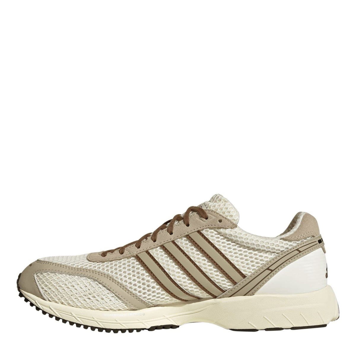 Off-white adidas Adizero lace-up trainers with brown stripes and cushioned sole
