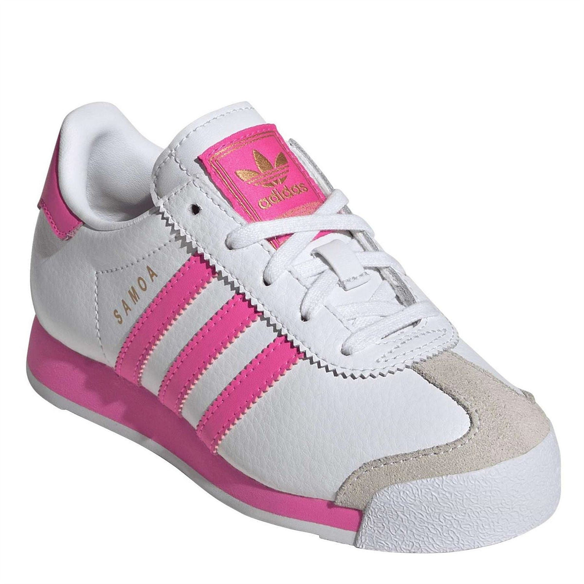 Kids' low-top Samoa sneakers, white with pink stripes, lace-up, and trefoil logo patch