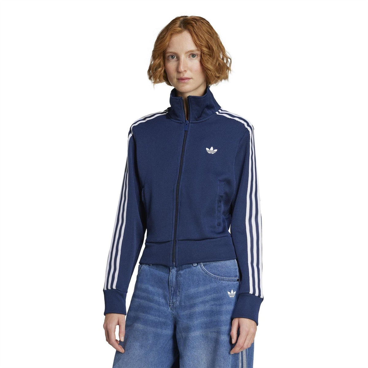 Women’s night indigo knit track top, full-zip front, stand collar, three white sleeve stripes