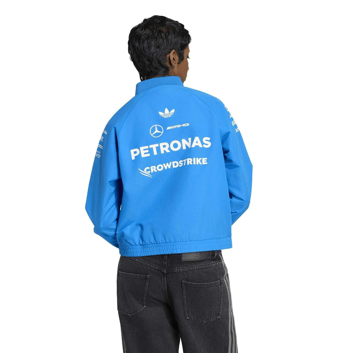 adidas Originals Mercedes track jacket back view, blue with large PETRONAS print