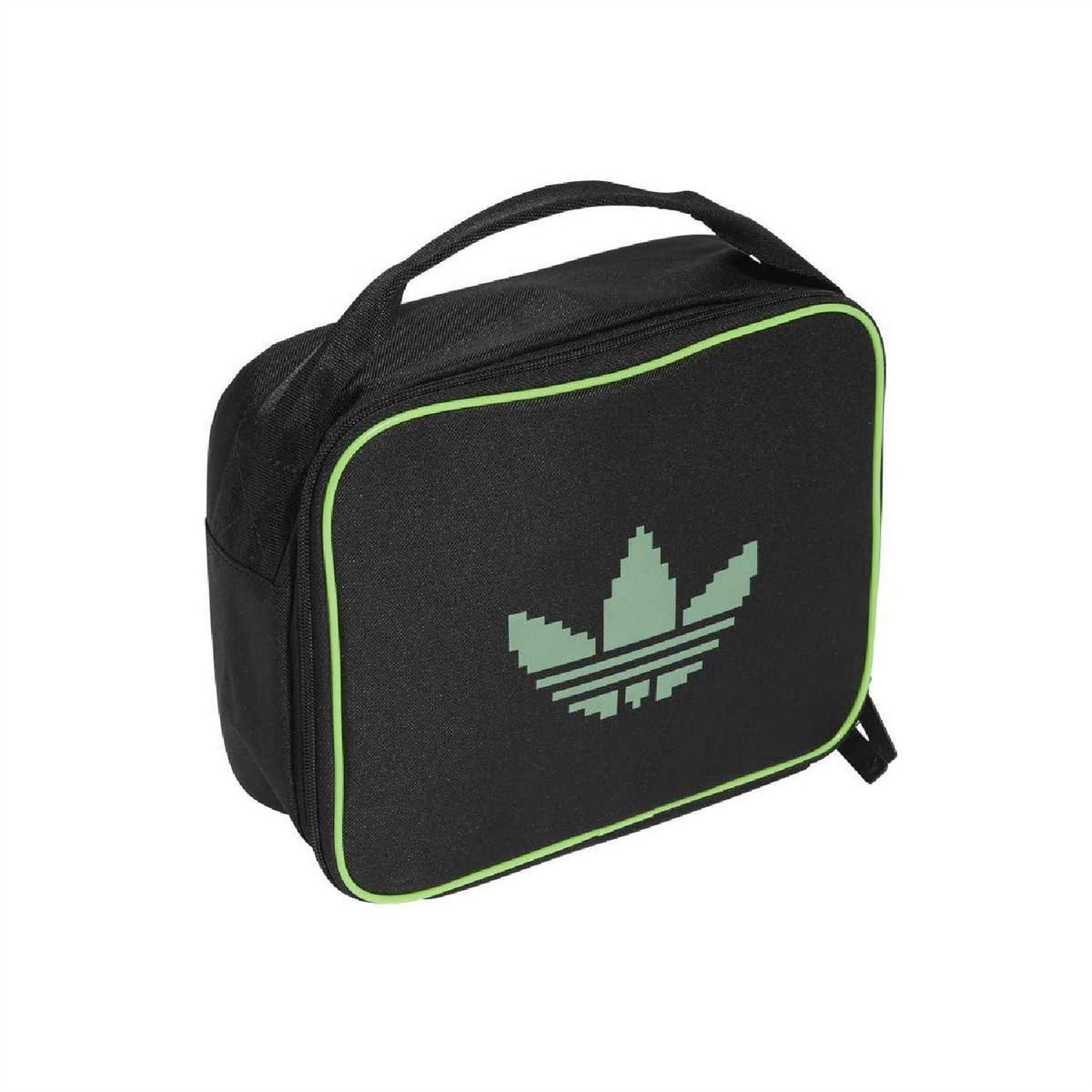 adidas Originals kids lunchbag, black with neon-green trim, zip front and pixel trefoil