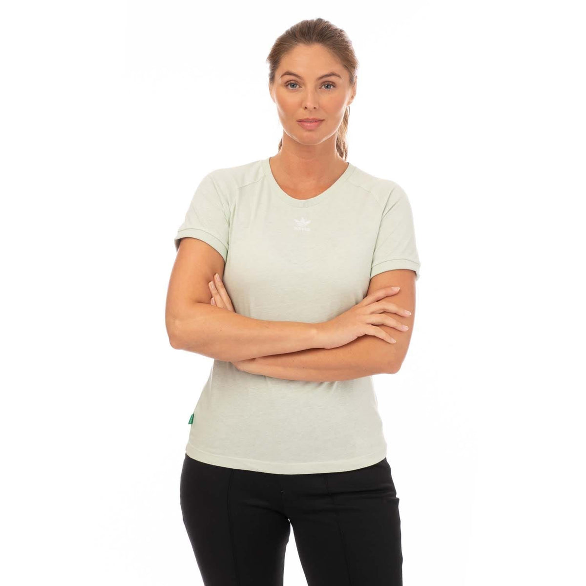 Light green adidas hemp crew-neck t-shirt with small adidas logo at chest