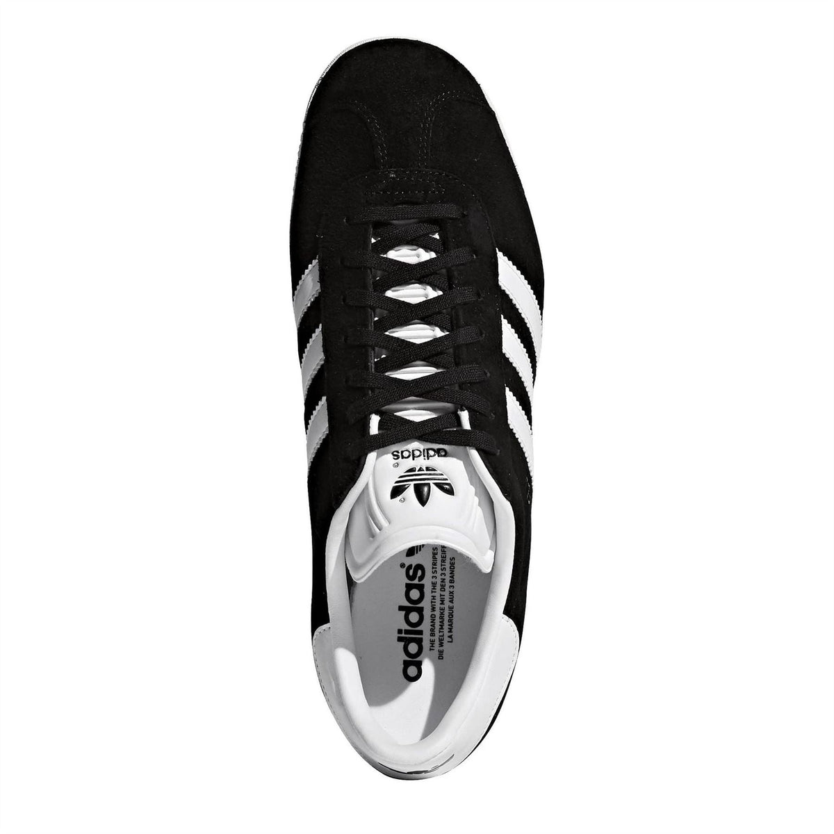 adidas black low-top Gazelle sneakers with white three-stripe accents and lace-up front