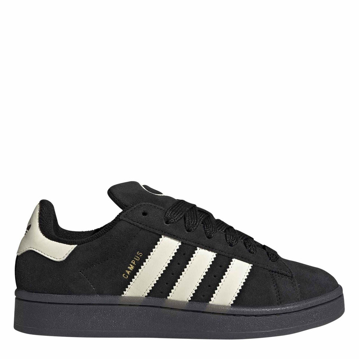 Black suede Adidas Originals sneakers with three cream stripes and lace-up design