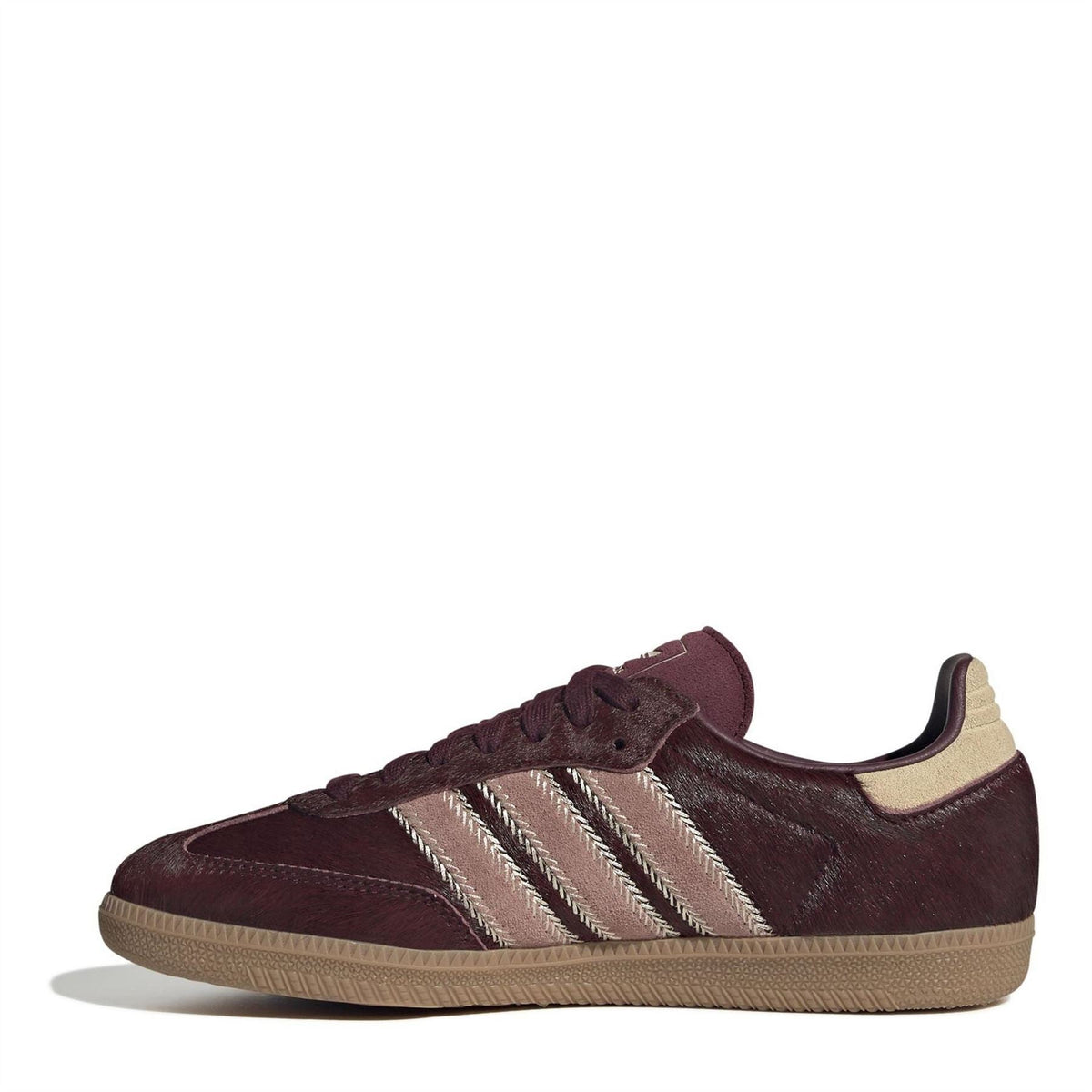 Burgundy adidas Samba OG low-top sneakers with suede texture, striped panel, gum sole