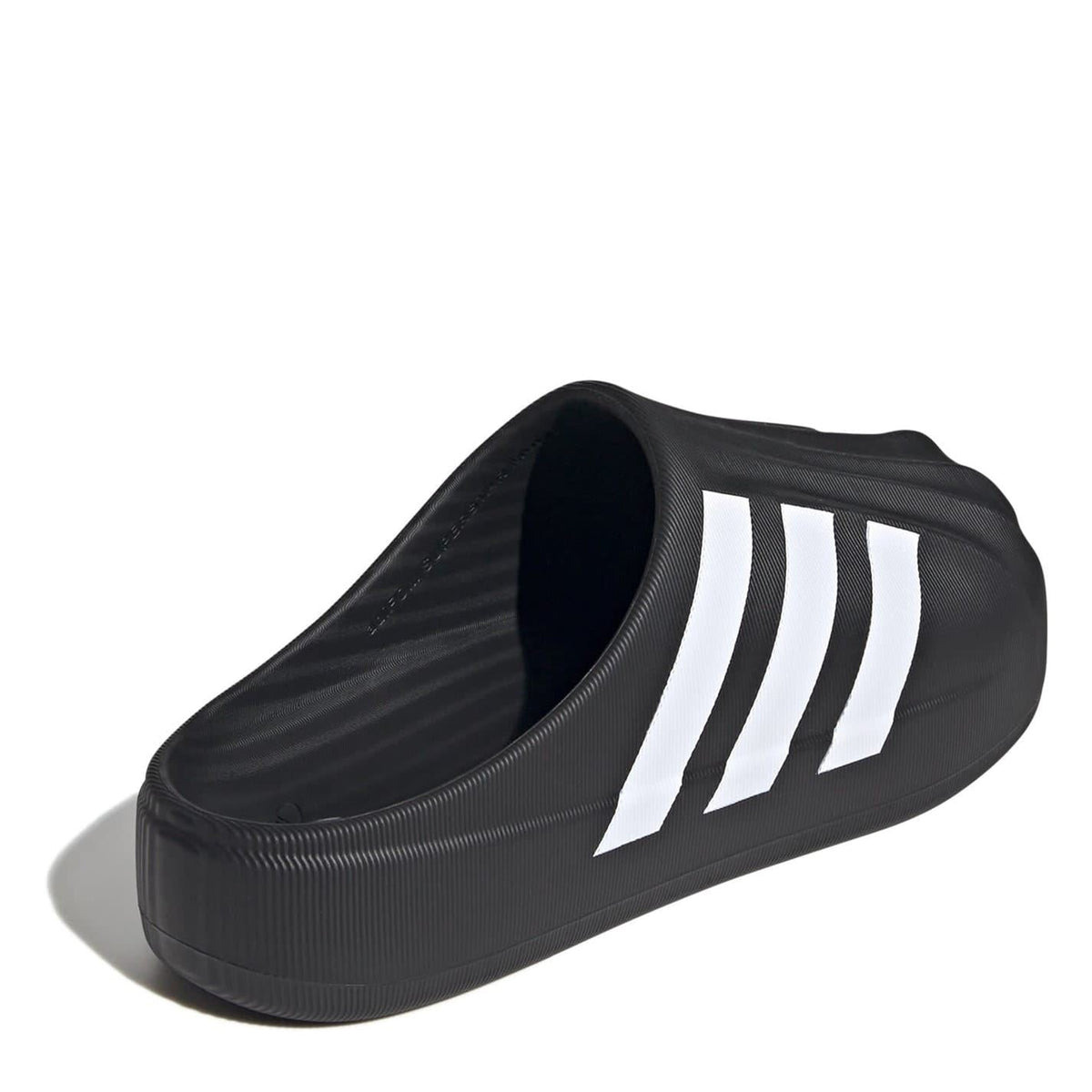 Black adidas slide slippers with open interior and three white stripes on the upper.
