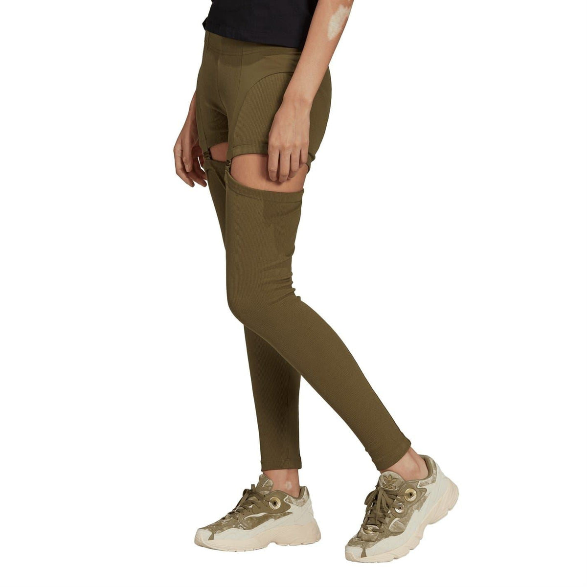 adidas Originals olive slim leggings with stitched panels and ribbed cuffs