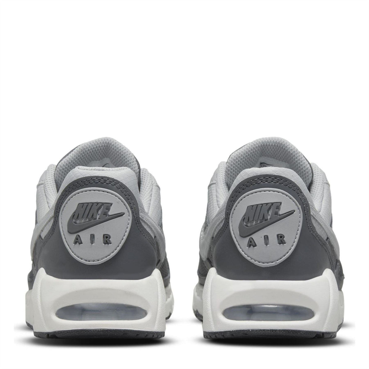 Boys' Nike Air Max Ivo heel view in grey with white cushioning unit