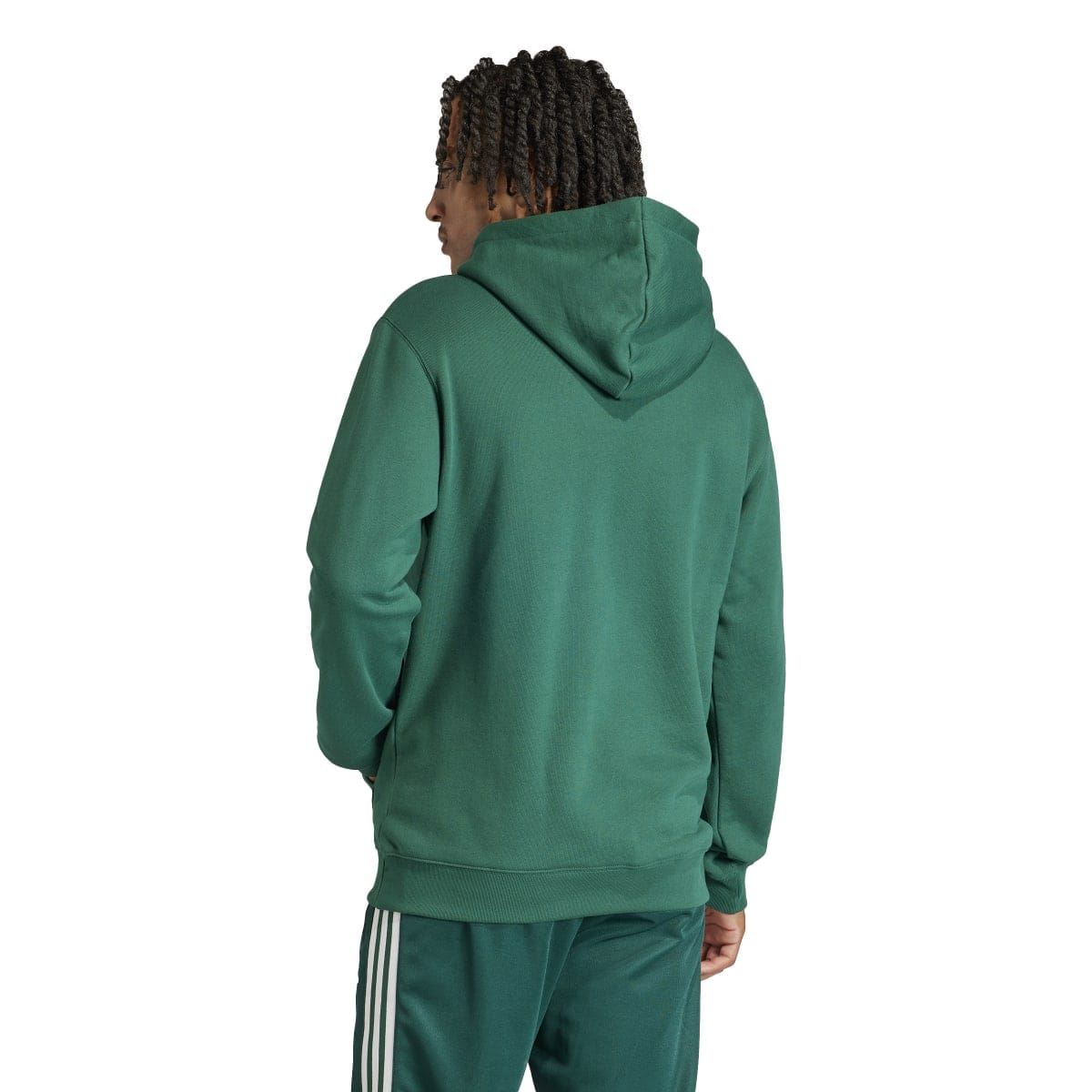 Green adidas Originals Trefoil hoodie back view with drawstring hood and kangaroo pocket
