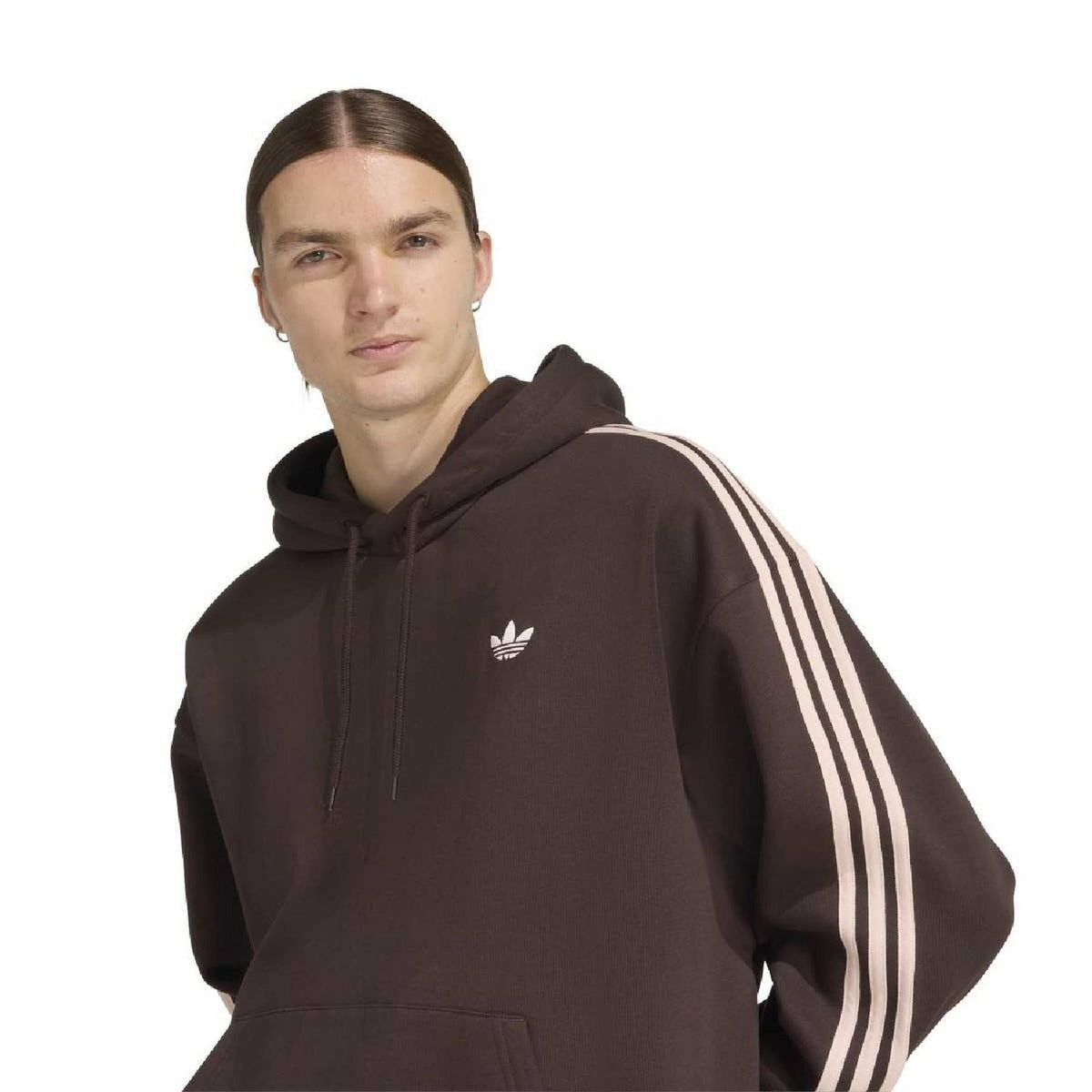Dark brown adidas Originals hoodie with trefoil logo on chest and white 3-stripe sleeve