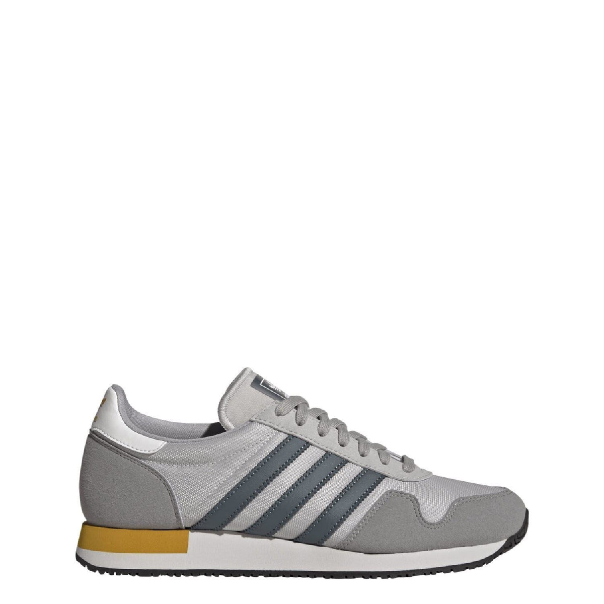 adidas USA 84 trainers, light grey upper with blue stripes and yellow sole accent