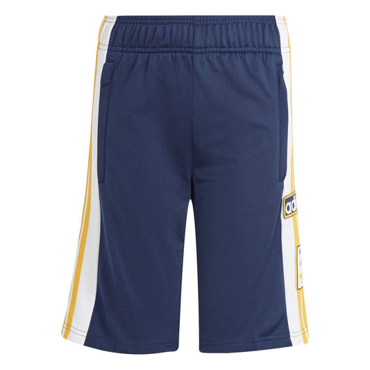 Navy indigo juniors track shorts with elastic waistband and yellow-white side stripes