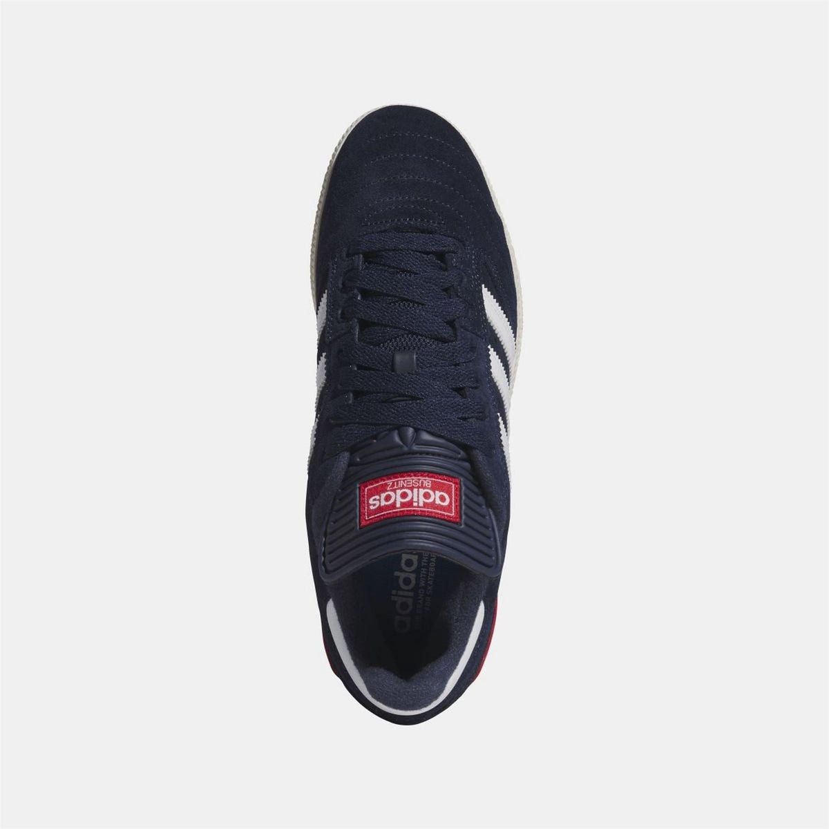 Navy adidas Originals sneaker from top view, textured upper and lace-up front