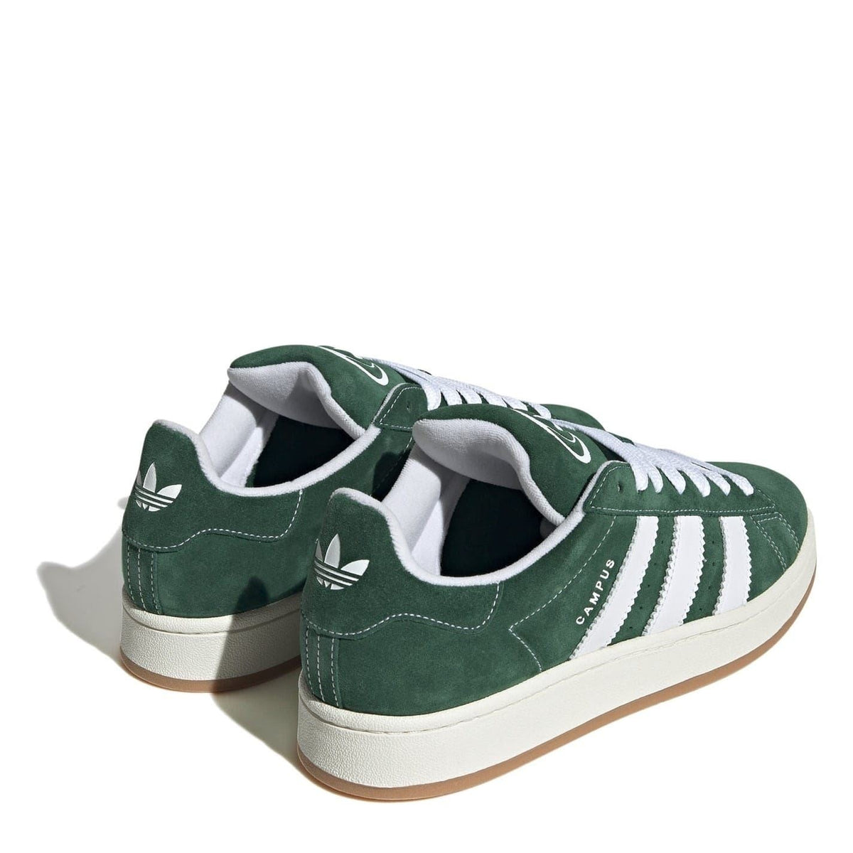 Dark green trainers rear view with white side stripes and padded collar