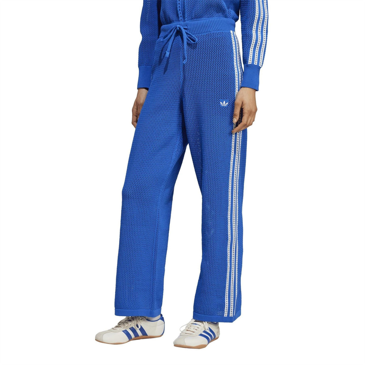 adidas Originals crochet track pants, royal blue with side stripes and tie waist