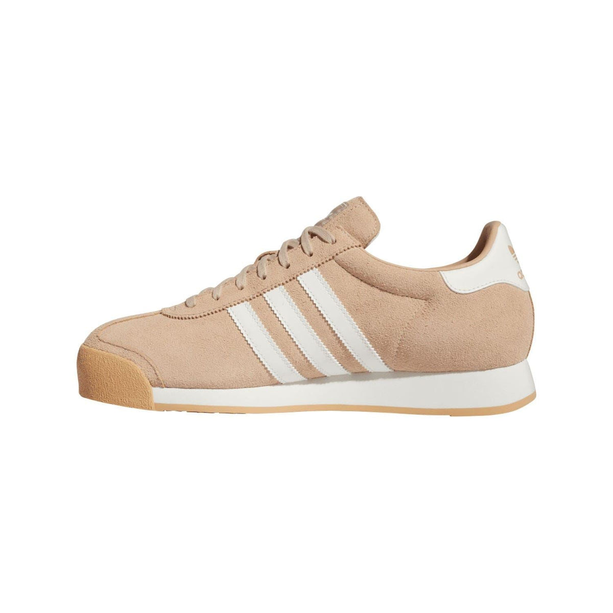 Beige suede adidas Samoa trainers with white stripes and gum sole