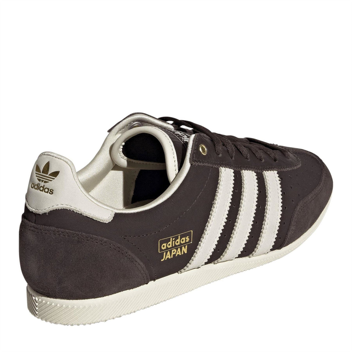 Black Japan shoes back view, white heel trim and three side stripes