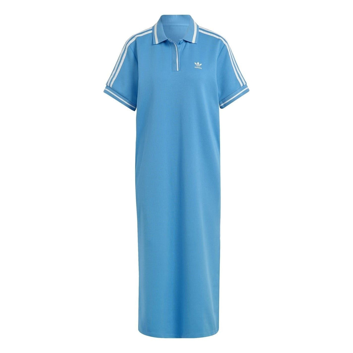 adidas Originals maternity polo midi dress, blue with collared neck and stripe trims