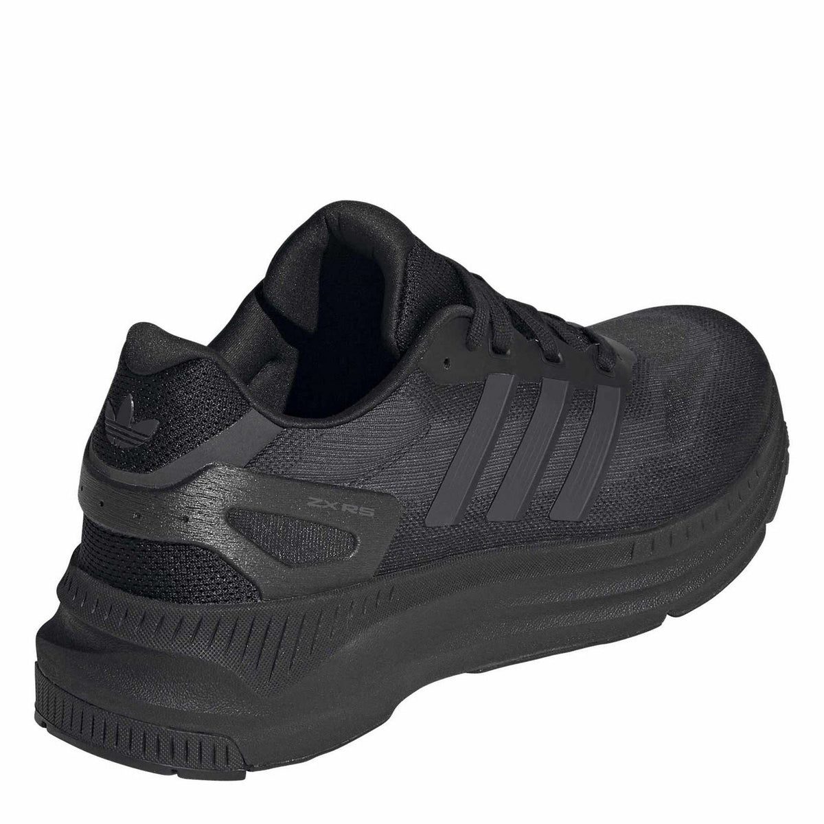 Black shoe heel and side view with cushioned collar and chunky rubber outsole