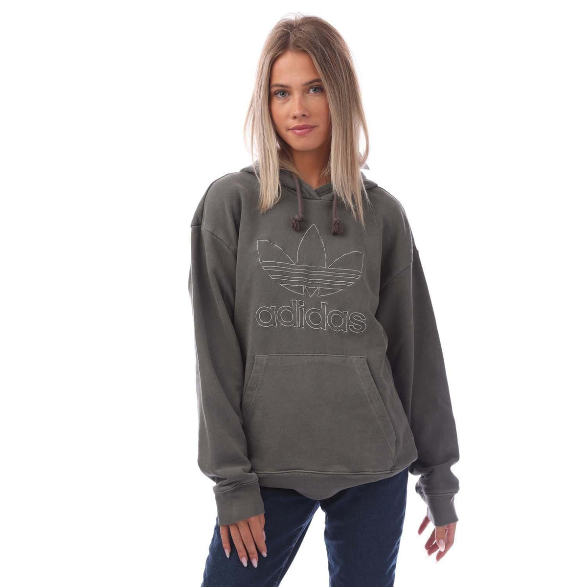 Oversized adidas over-the-head hoodie, dark gray with front pocket and drawstring hood