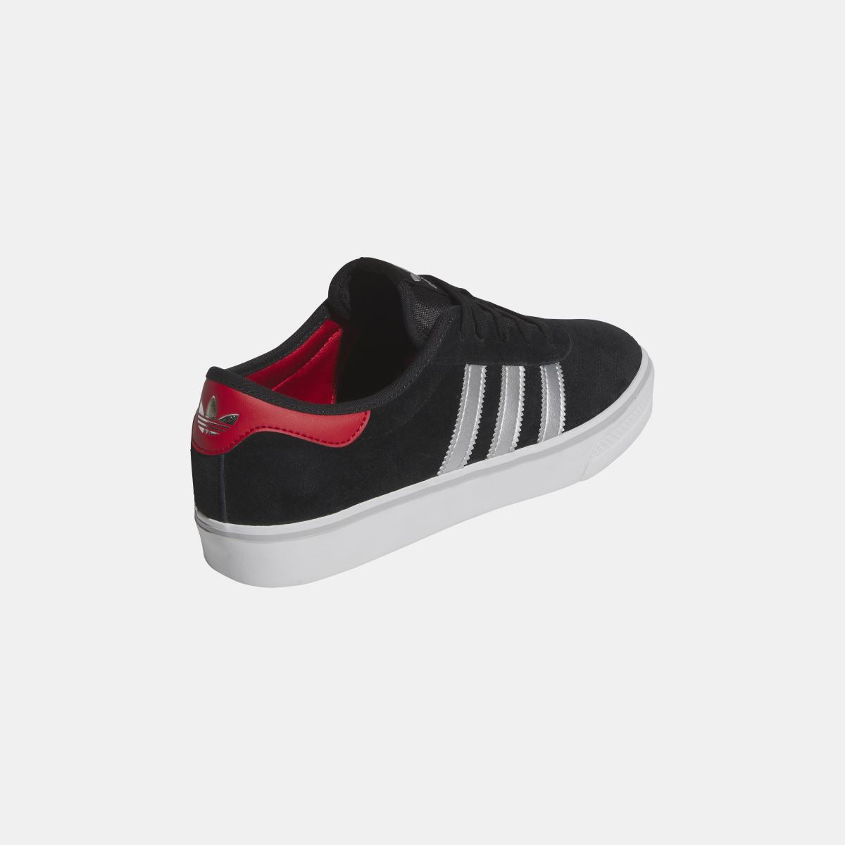 Heel side view of adidas Originals Adi Ease black sneakers with red lining and white midsole