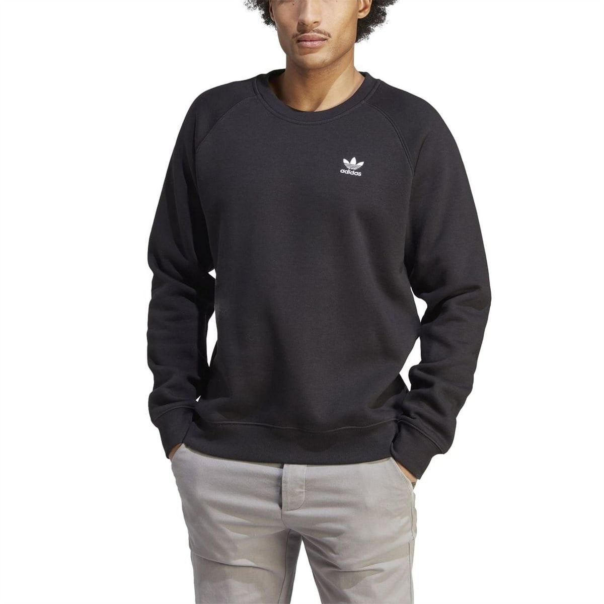 Black crewneck sweatshirt with adidas trefoil logo; ribbed cuffs and hem.