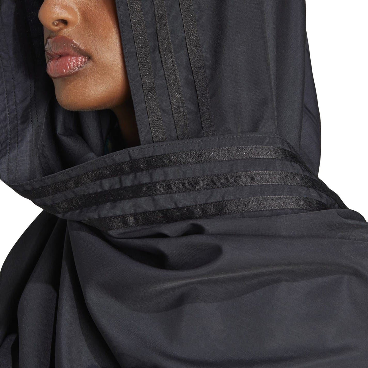 Black head scarf wrap with ribbed stripe panel and adidas logo detail