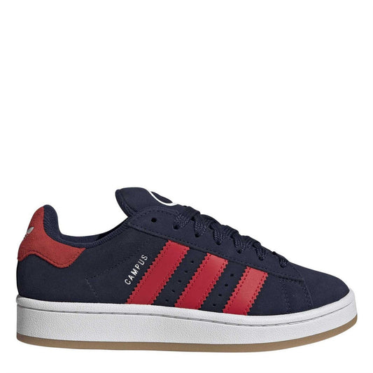 Kids low-top sneakers, dark navy suede with red 3-Stripe accents and white sole