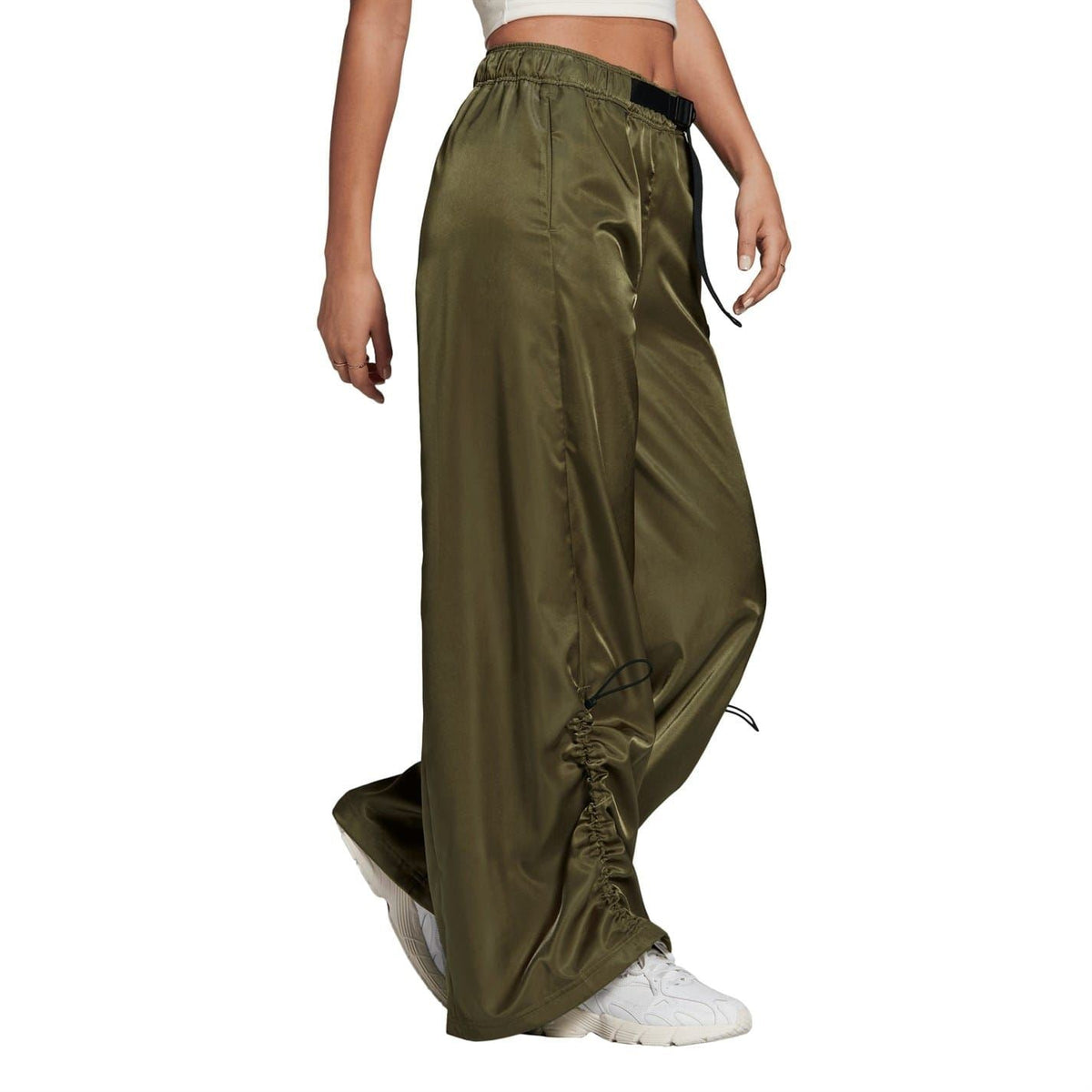 Olive cargo pants with side ties at hem and relaxed wide-leg design