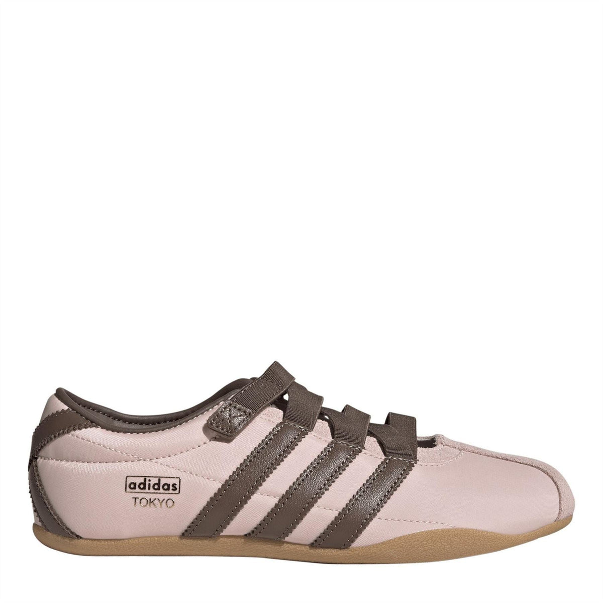 Women's adidas Tokyo low-top sneakers, pale pink upper with dark brown stripes and laces