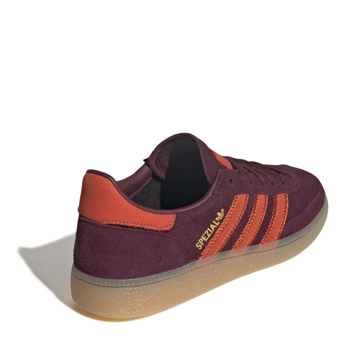 Women’s suede low-top sneakers, burgundy with orange side panel and gum sole
