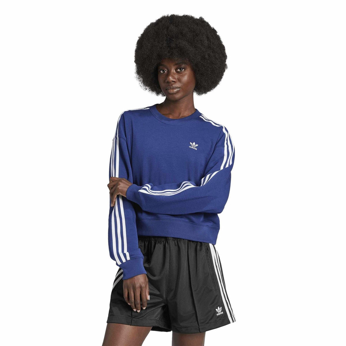 adidas Originals 3 Stripes crew neck long sleeve sweatshirt showing classic striped design and comfortable fabric.