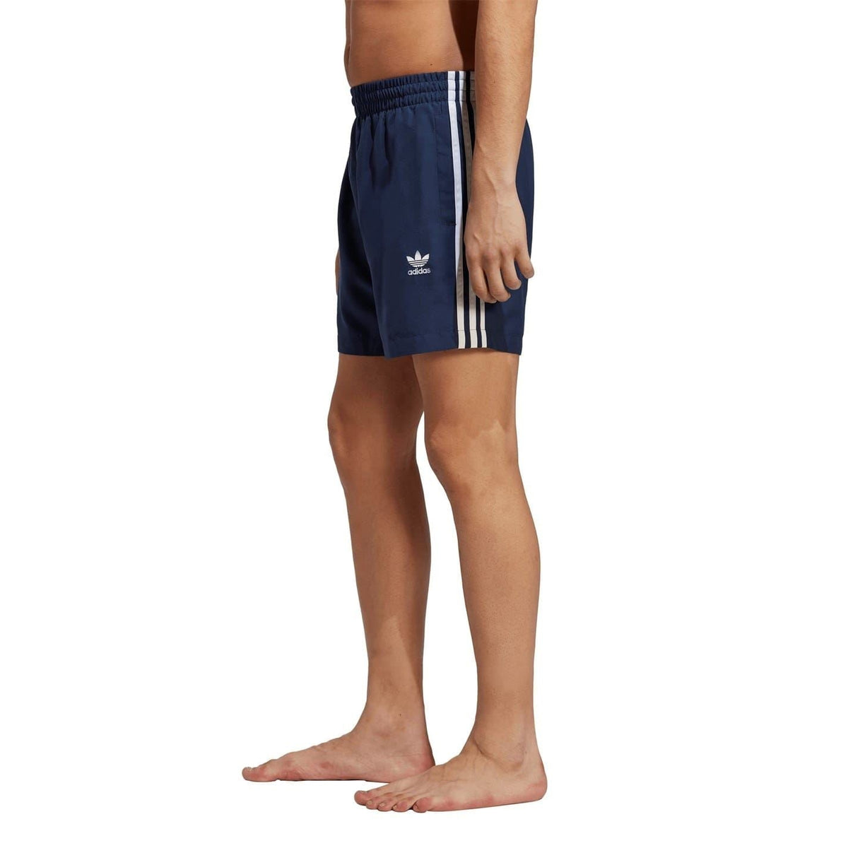 adidas Originals Ori 3 Stripes swim shorts in blue with iconic three-stripe design and elastic waistband, suitable for swimming and beachwear