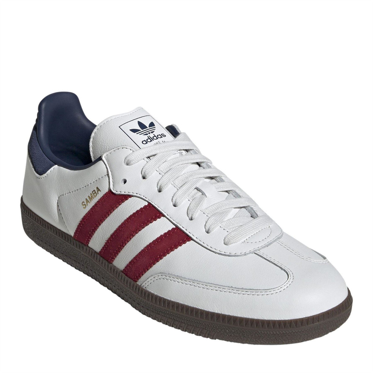 adidas Samba OG sneaker front view, white upper with red stripes and navy collar