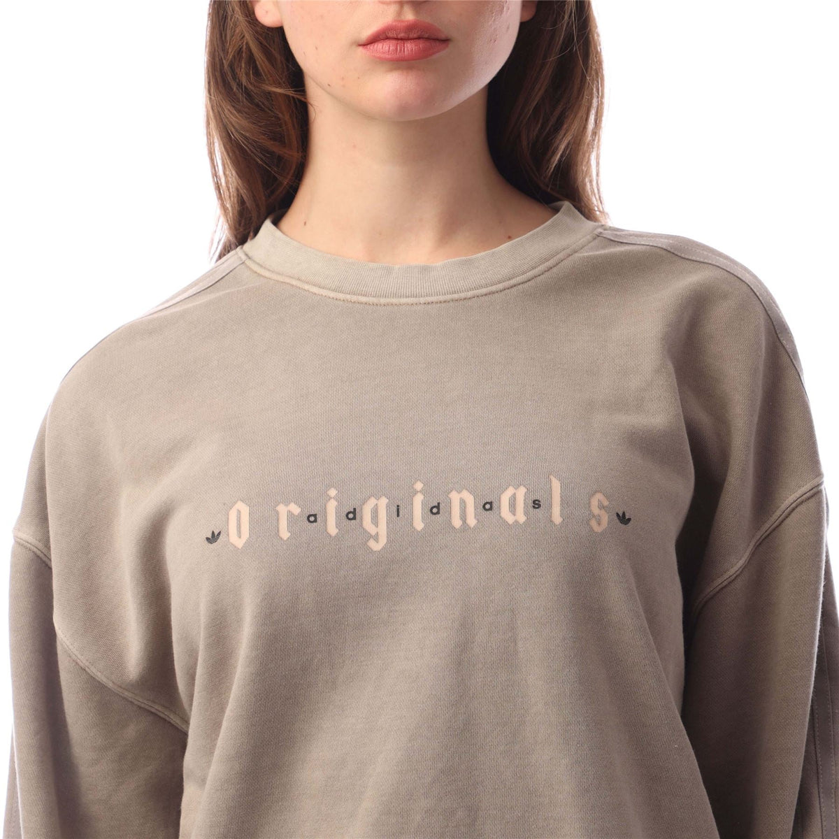 Taupe sweatshirt chest graphic with 'Originals' text, crewneck and long sleeves