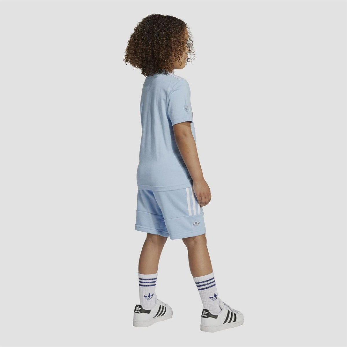 Kids sky blue T-shirt and shorts set, side view with adidas accents