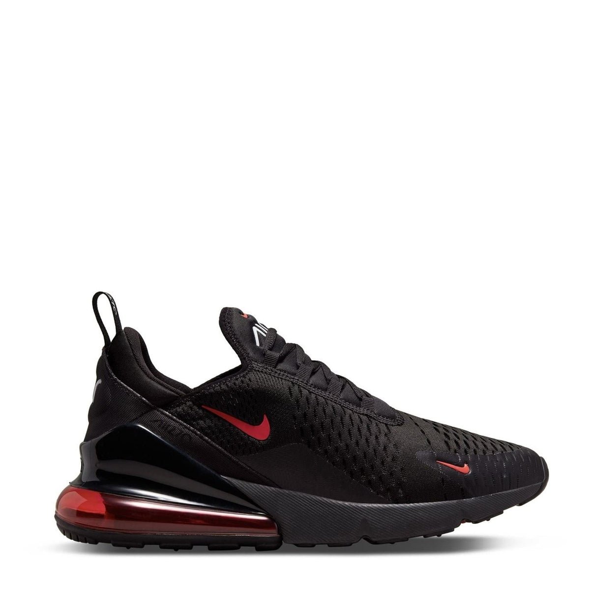 Nike Air Max 270 trainer in black with red swoosh and red visible air unit