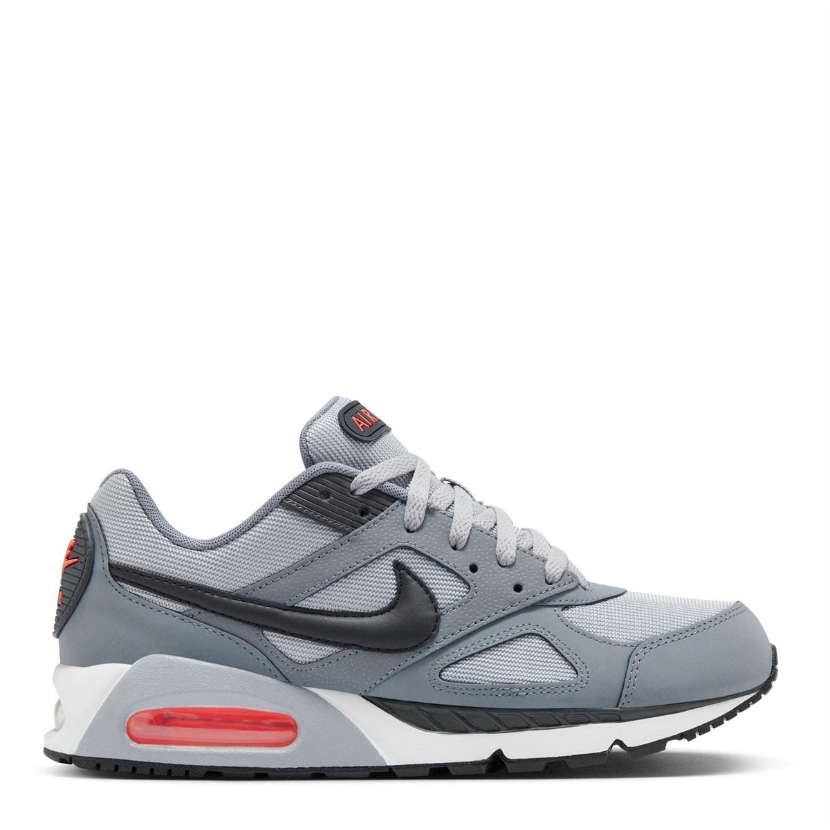 Light grey trainers with grey swoosh, red air unit, and white midsole trim