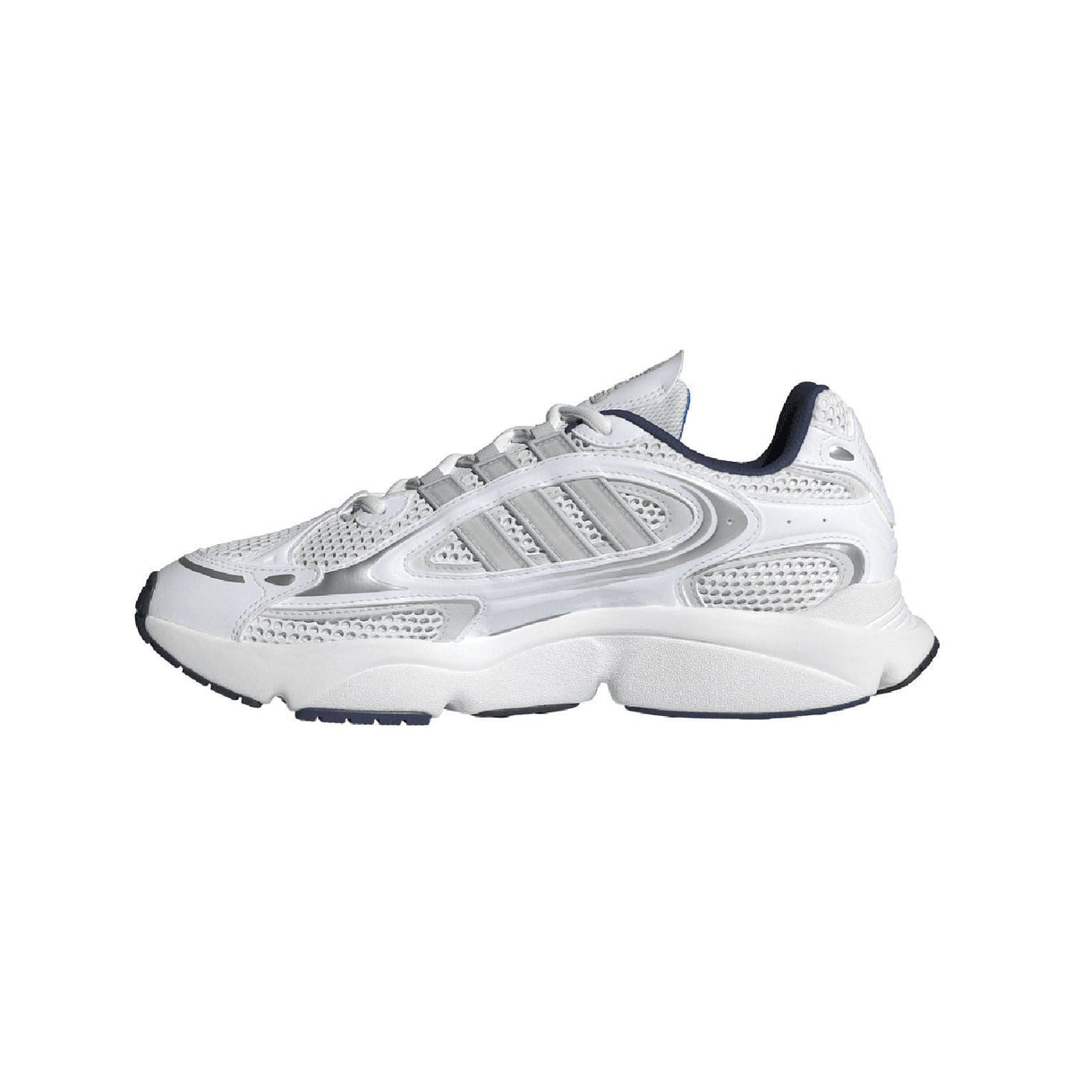 White and grey trainers with lace-up front, mesh panels, and chunky midsole