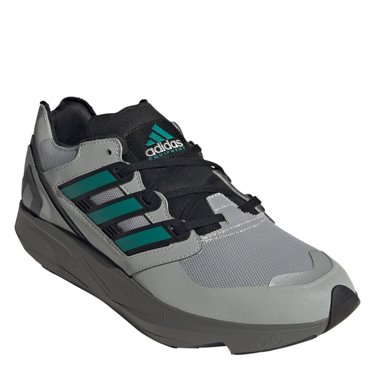 Light gray mesh sneakers with black overlays, teal stripes, and chunky dark sole