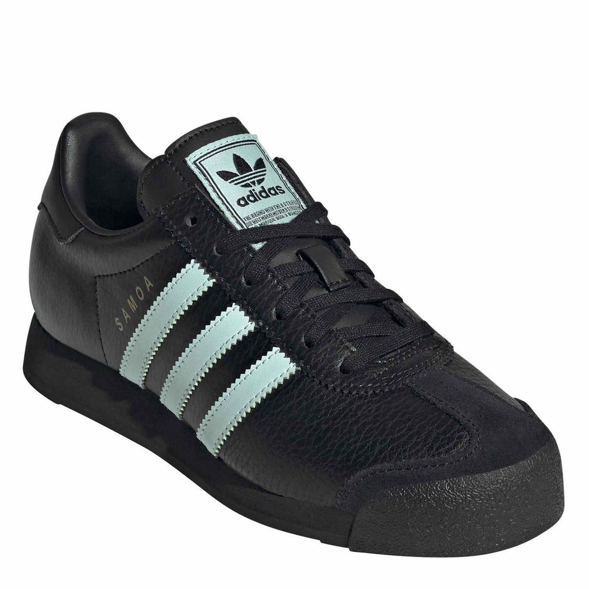 Black low-top sneakers with lace-up front, mint stripes, and adidas tongue label