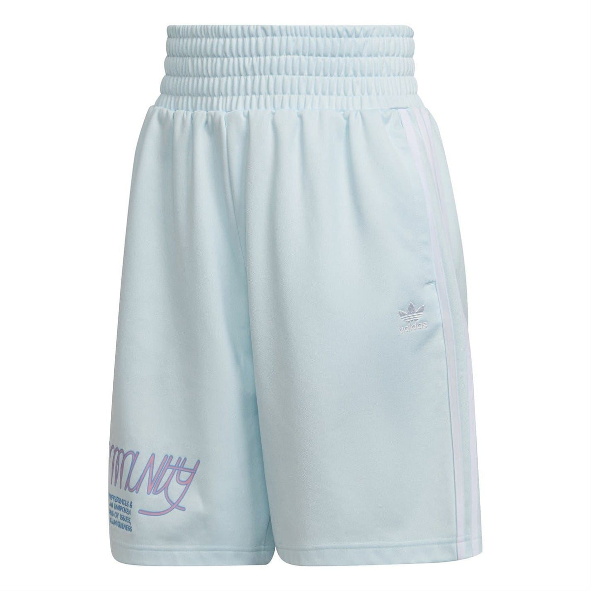 Light blue Adidas Originals athletic sweat shorts with elastic waistband and side trefoil